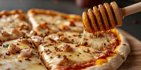 Hot honey drizzle on crispy pizza crust with melted cheese and chili flakes  