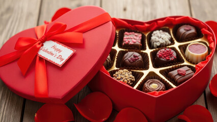 Heart-shaped box filled with assorted chocolates for Valentine's Day celebration.