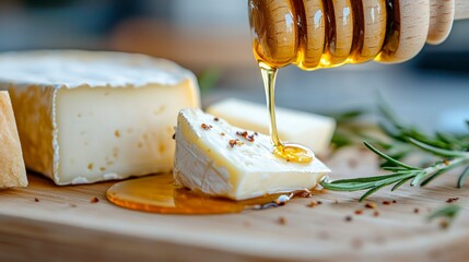 Honey drizzle over soft cheese wedge with bread and herbs  