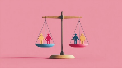 Balancing act with people on scales in pink background