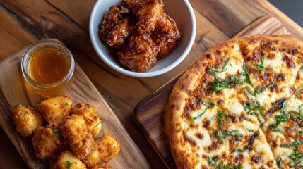 Pizza, fried chicken, and hot honey on wooden table in casual setting  