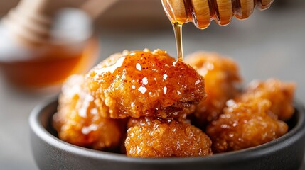 Hot honey drizzle over fried chicken pieces in a black bowl  