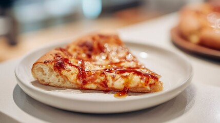 Pizza slice on plate with hot honey drizzle in minimal kitchen setting  