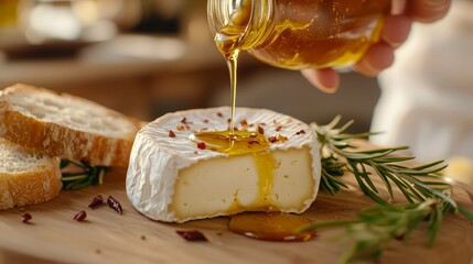 Soft cheese wedge topped with hot honey drizzle and herbs on wooden board  