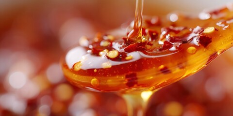 Detail shot of chili flakes suspended inside thick honey stream mid-pour  
