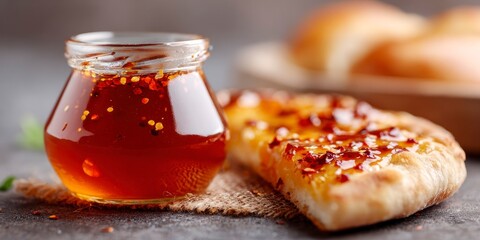 Chili-infused honey jar beside drizzled pizza slice with amber glow  