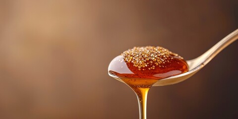 Spoon coated in thick chili honey held above neutral surface  