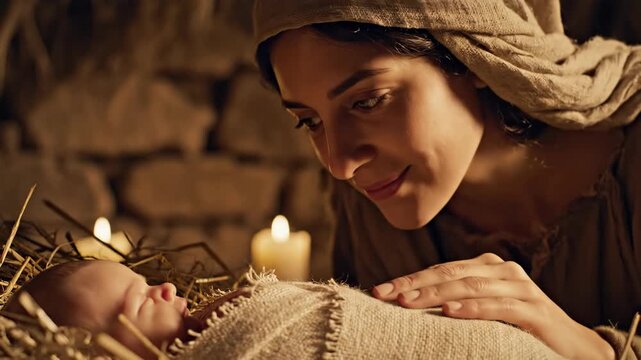 The Virgin Mary adoring the newborn baby Jesus in a manger. A close-up of the holy nativity scene. The biblical Christmas story of faith and love