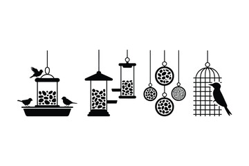 Various Hanging Bird Feeder Icons with Garden Birds
