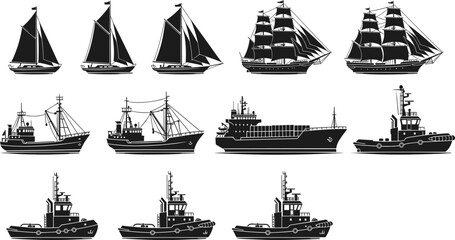 Ship silhouette vector set, sailing boats cargo ships tugboats, maritime transportation collection, isolated black ship illustrations for design projects icons © Motakabir