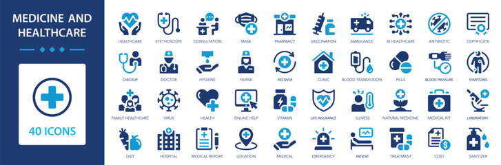 Medicine and Healthcare icons collection. Medical care, treatment, hospital, health sign set.