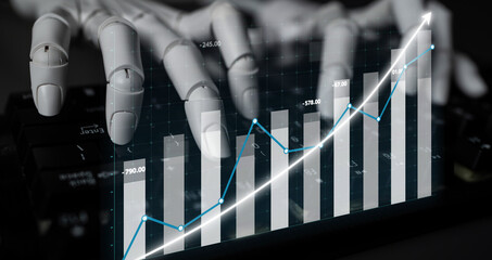 A robotic hand typing on a keyboard overlaid with a rising graph chart, symbolizing the intersection of technology and data analysis in modern business environments. Impute
