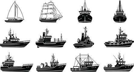 Ships and boats silhouette icon set, sailing vessels cargo ships fishing boats, maritime transport collection, black vector illustration © MdMotakabir
