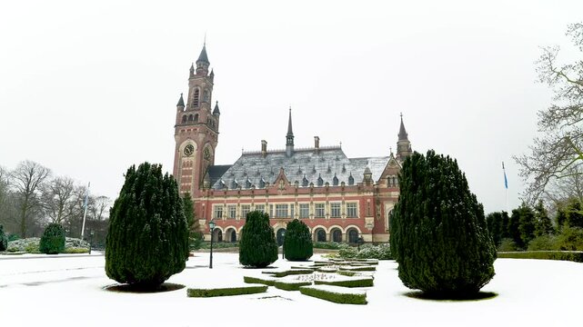Snow falling on the Peace Palace in The Hague, Netherlands