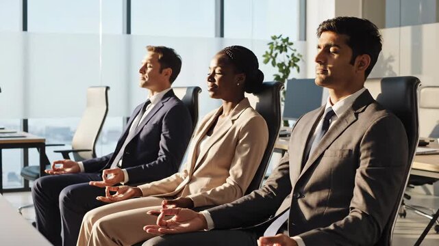 Diverse business team meditating in a modern office. Colleagues sitting in a row practicing mindfulness and breathing exercises for stress relief. Corporate wellness and mental health concept