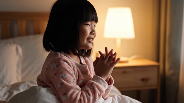 A young Asian girl praying in bed at night. A cute child with hands clasped in prayer before sleeping. Childhood faith and bedtime routine concept