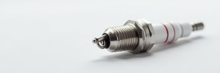 Close-up of single spark plug against white backdrop, close up, new, tool