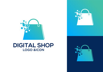 online store logo template vector, online store shopping bag logo design with pixel technology