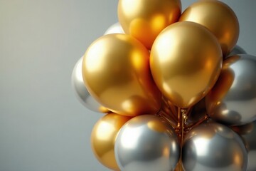 Cluster of gold and silver balloons, close-up detail, air, decoration, metallic