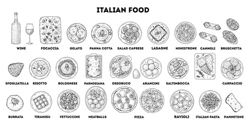 Italian food sketch collection. Vector drawing illustration. Various dishes of Italian cuisine.  Hand drawn. Top view. Not AI Generated. © DiViArts