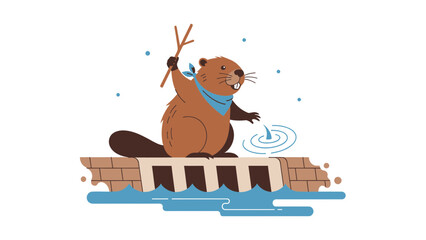 Cartoon Beaver Sitting On A Dam Creating Water Ripples Illustration