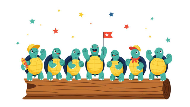 Cartoon Team Of Happy Turtles Standing On Wooden Log Celebrating Victory