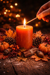 A autumn candle being lit while surrounded by pumpkins and leaves