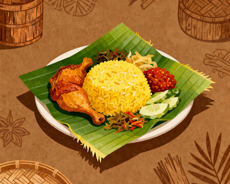 Traditional Indonesian Nasi Tumpeng on Banana Leaf with Side Dishes