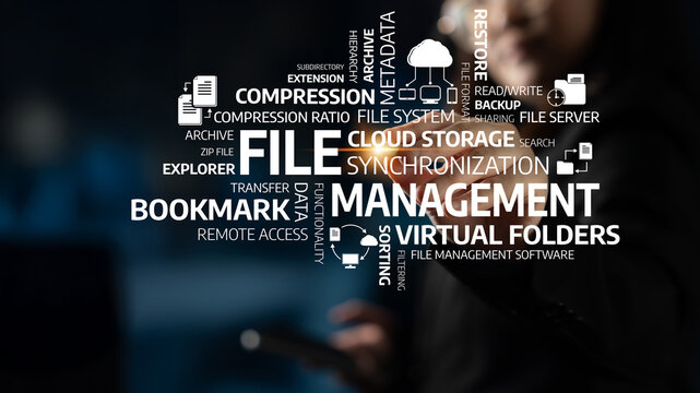 Visual representation of file management concepts showcasing cloud storage, synchronization, backup processes, and virtual folders for modern technology users. Tessel - Powered by Adobe