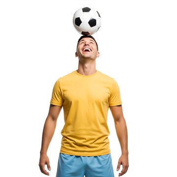 Young man skillfully balancing soccer ball on head with joyful expression