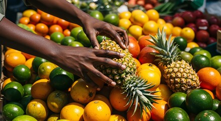 Hands selecting fresh fruits at an outdoor farmers market with vibrant colorful produce