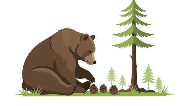 Brown Bear Sitting Playing With Pine Cones In A Forest Cartoon Style