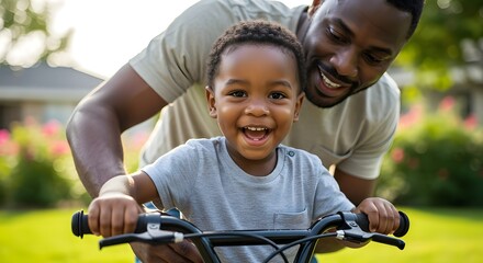 Parents helping their young child ride a bicycle outdoors on a sunny day, family bonding moment
