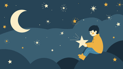 Naklejka premium Boy Reaching For Shining Star At Night In Whimsical Universe Illustration