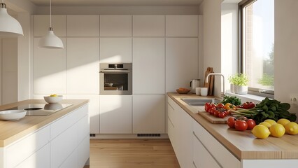 Modern white kitchen with island, oven, sink, and fresh produce interior cabinets