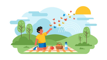 Boy's Enchanting Picnic: Embracing Nature's Beauty And Releasing Butterflies In Summer Season