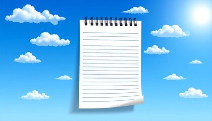 Blank Spiral Notebook Page Floating in a Bright Blue Sky with Fluffy White Clouds and Sunshine.