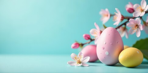 Delicate spring blossoms and a speckled pastel Easter egg against a soft blue backdrop , spring flowers, flowers