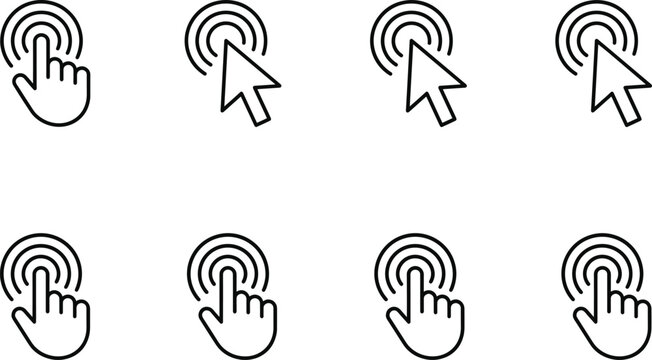 Touch gesture and mouse click cursor icon set representing user interaction tapping selecting clicking actions in modern outline vector style