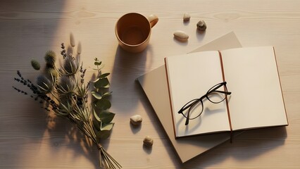 Open notebook with glasses and flowers on a wooden table spectacles