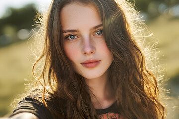 Naklejka premium Young woman with long, wavy hair poses outdoors in soft sunlight during golden hour