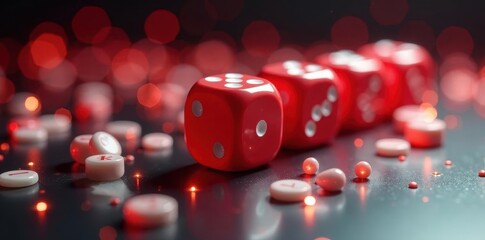 Dynamic close-up of rolling red and white dice, movement, fast, dynamic