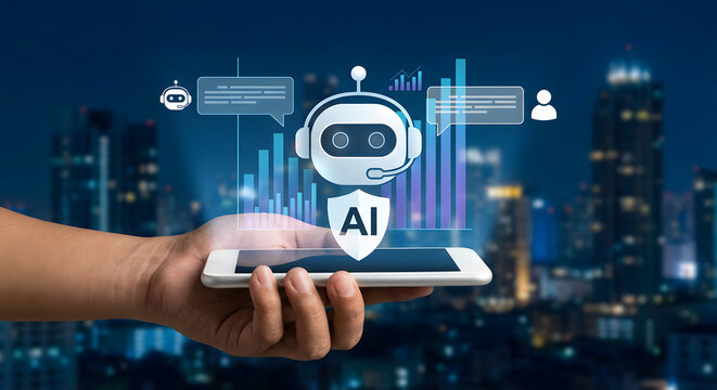 Person holding smartphone with holographic ai chatbot and financial data charts over a blurred city night skyline for smart business analytics and virtual customer support - Powered by Adobe