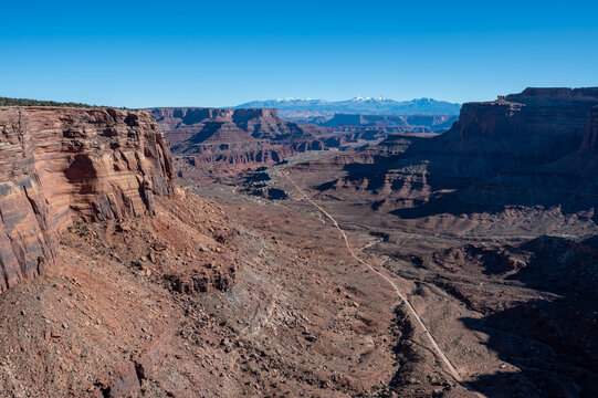 View of Shafer Canyon from Shafer Trail in Canyonlands National Park, Utah on clear sunny winter day.