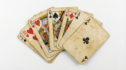 Vintage playing cards fan isolated on white background