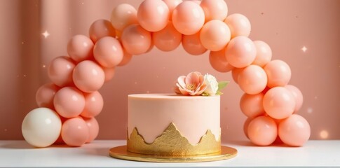 Elegant peach and gold cake with balloon arch, chic party , festive, wedding