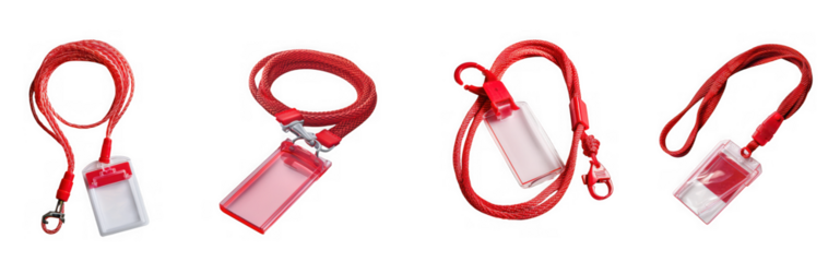 Four perspectives of a red lanyard with a white id card holder ideal for branding on transparent background
