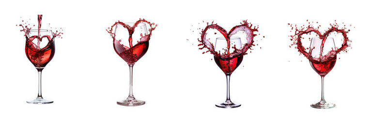 A series of wine glasses with red liquid splashing forming heart shapes in motion on transparent background