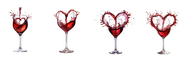 A series of wine glasses with red liquid splashing forming heart shapes in motion on transparent background