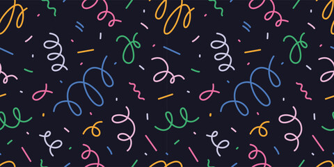 Seamless pattern with colorful confetti, streamers and decorative shapes. Festive abstract design for celebrations and events. Trendy vector illustration on dark background, hand drawn, flat